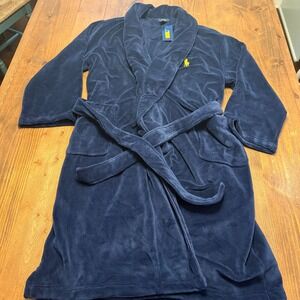 Polo Ralph Lauren Fleece Robe Long Navy Blue Gold Big Pony Mens L/XL Lounge